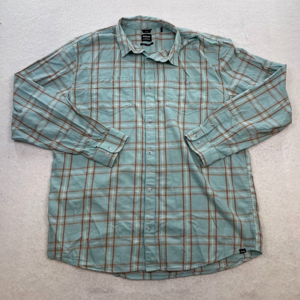 PrAna Mens Dolberg Blue Creek Cotton Button Down Flannel Plaid Shirt Size XXLT